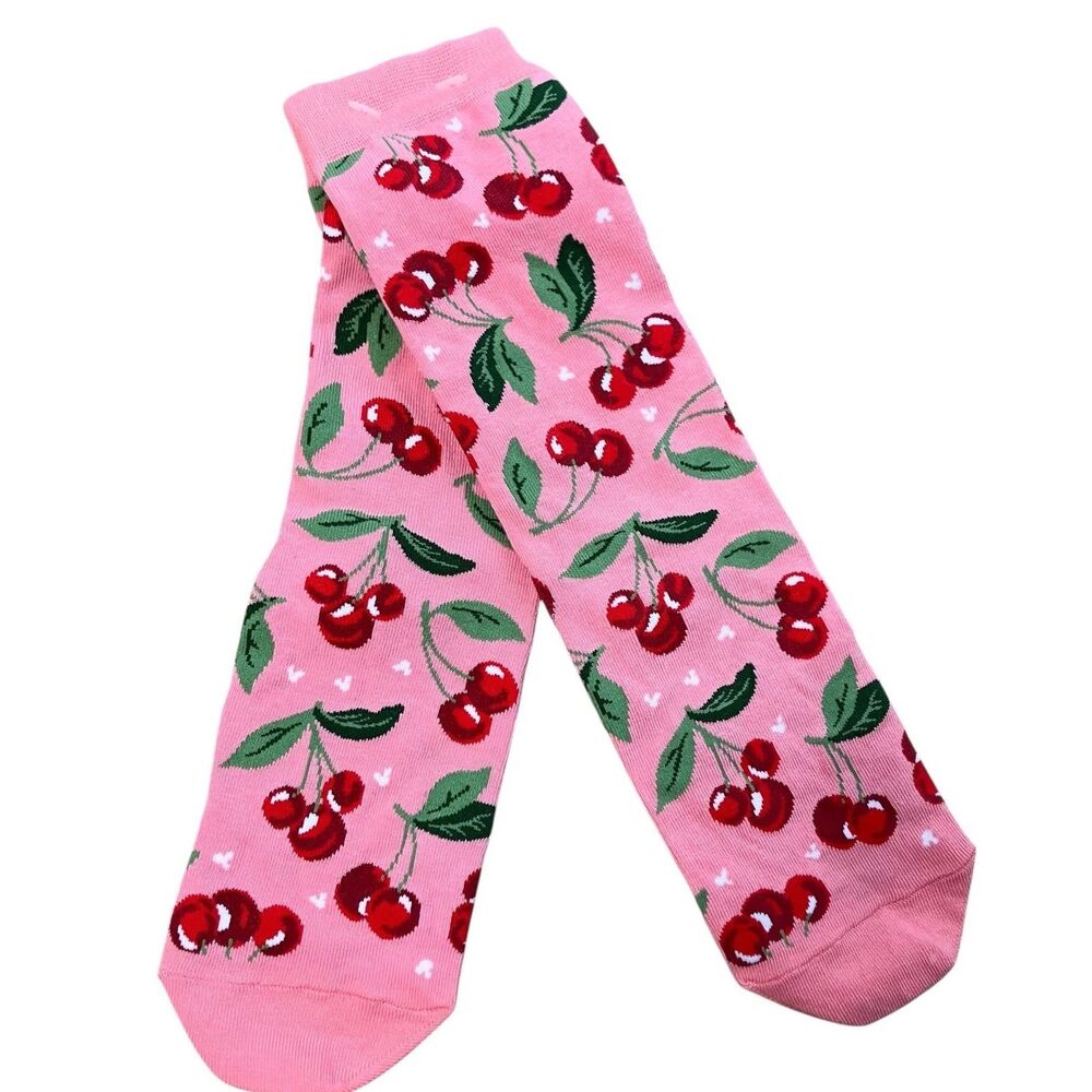 Disney Parks Socks Womens 5-10 Pink Cherries Crew Mickey Mouse Ears Novelty Food